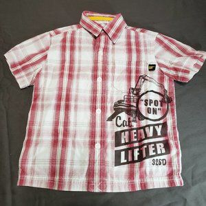 CAT Button Up Shirt Collared Vertical Stripe Red Excavator Machine 325D 3T Size